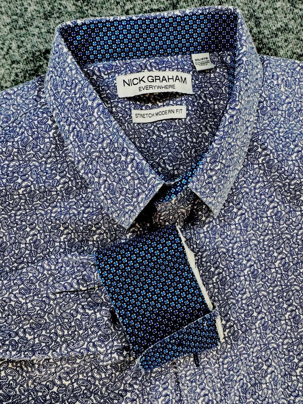 Nick Graham Mens 2XL Flip Cuff Blue Paisley Modern Fit Stretch Long Sleeve 0377